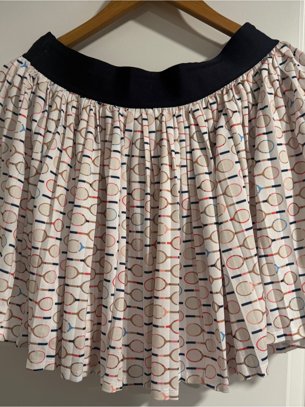 T by Talbots Navy Waist Pleated Tennis Skirt with Multicolor Racket Print